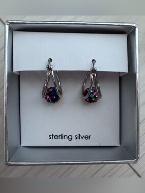 NIB Mia Sarine Sterling Silver Rainbow Crystal  Ball Split Hoop Drop Earrings